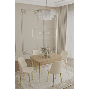 Via Serisi 70x110 Masa+4 Krem Sandalye Silinebilir İthal Baby Face Kumaş Masa Takımı Gold Metal Ayak