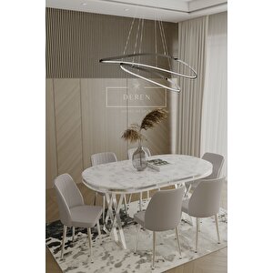 Lam Serisi Mdf Lak Masa 83x164 Gümüş Metal Ayak 6 Adet Açık Gri Baby Face Silinebilir Kumaş Sandalye