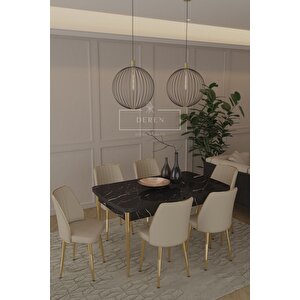 Marla Serisi 80x130 Mdf Masa + 6 Adet Silinebilir Kumaş Kapiçino Sandalye Metal Ayak Masa Takımı