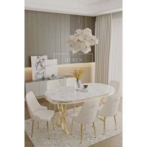 Nil Serisi Lak Panel Mdf Beyaz Mermer Desen Masan 83x164 Gold Ayak Masa Takımı 6 Adet Krem Sandalye