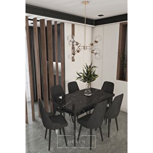 Luna Serisi, 80x132 Açılabilir Mdf Mutfak Ve Yemek Masası Takımı 6 Adet Siyah Sandalye