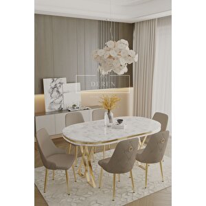Nil Serisi Lak Panel Mdf Beyaz Mermer Desen Masan 83x164 Gold Ayak Masa Takımı 6 Adet Kahve Sandalye