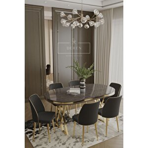 Nex Serisi Mdf Lak Masa 83x164 Gold Metal Ayak 6 Adet Siyah Baby Face Silinebilir Kumaş Sandalye