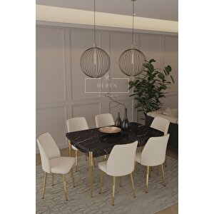 Marla Serisi 80x130 Mdf Masa + 6 Adet Silinebilir Kumaş Krem Sandalye Metal Ayak Masa Takımı