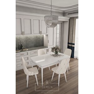 Luna Serisi, 80x132 Açılabilir Mdf Mutfak Ve Yemek Masası Takımı + 4 Adet Krem Sandalye