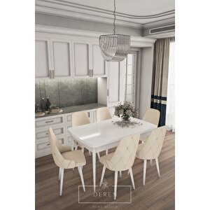 Luna Serisi, 80x132 Açılabilir Mdf Mutfak Ve Yemek Masası Takımı 6 Adet Açık Bej Sandalye