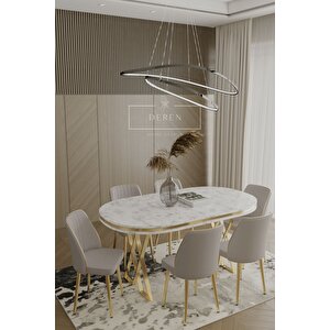 Lam Serisi Mdf Lak Masa 83x164 Gold Metal Ayak 6 Adet Açık Gri Baby Face Silinebilir Kumaş Sandalye