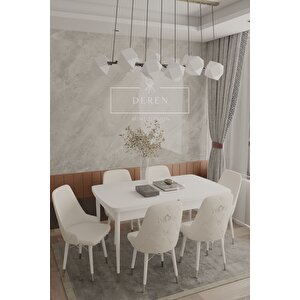 Silver Serisi Baby Face Kumaş 80x132 Açılabilir Mdf Masa Mutfak Salon Takımı 6 Sandalye Krem