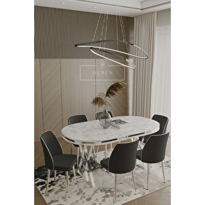 Lam Serisi Mdf Lak Masa 83x164 Gümüş Metal Ayak 6 Adet Siyah Baby Face Silinebilir Kumaş Sandalye