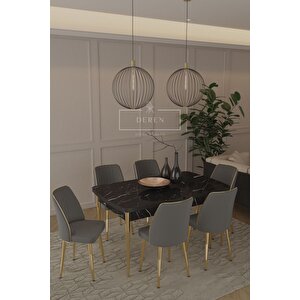 Marla Serisi 80x130 Mdf Masa + 6 Adet Silinebilir Kumaş Antrasit Sandalye Metal Ayak Masa Takımı