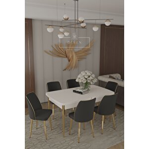 Parla Gold Serisi 80x130 Mdf Masa + 6 Adet Silinebilir Kumaş Siyah Sandalye Metal Ayak Masa Takımı
