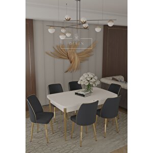 Parla Gold Serisi 80x130 Mdf Masa + 6 Adet Silinebilir Kumaş Füme Sandalye Metal Ayak Masa Takımı