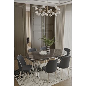 Nex Serisi Mdf Lak Masa 83x164 Gümüş Metal Ayak 6 Adet Füme Baby Face Silinebilir Kumaş Sandalye