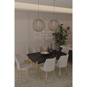 Marla Serisi 80x130 Mdf Masa + 6 Adet Silinebilir Kumaş Krem Sandalye Metal Ayak Masa Takımı