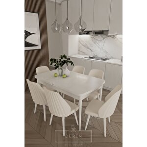 Alfa Serisi, 80x132 Açılabilir Mdf Yemek Masası Takımı 6 Adet Krem Sandalye