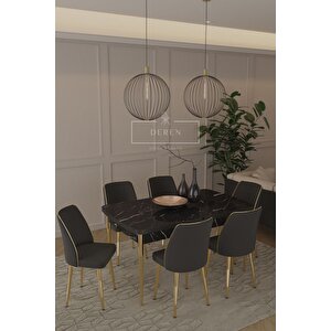 Marla Serisi 80x130 Mdf Masa + 6 Adet Silinebilir Kumaş Siyah Sandalye Metal Ayak Masa Takımı