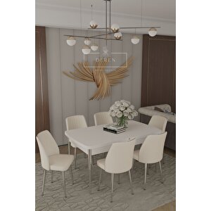 Parla Gümüs Serisi 80x130 Mdf Masa + 6 Adet Silinebilir Kumaş Krem Sandalye Metal Ayak Masa Takımı