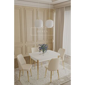 Via Serisi 70x110 Masa+4 Krem Sandalye Silinebilir İthal Baby Face Kumaş Masa Takımı Gold Metal Ayak