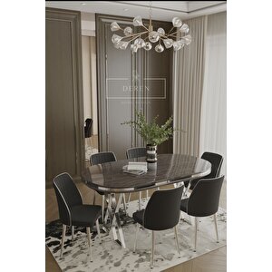 Nex Serisi Mdf Lak Masa 83x164 Gümüş Metal Ayak 6 Adet Siyah Baby Face Silinebilir Kumaş Sandalye