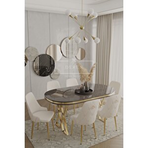 Nef Serisi Lak Panel Mdf Antrasit Renk Masa 83x164 Gold Ayak Masa Takımı 6 Adet Krem Sandalye