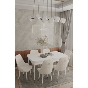 Felix Serisi Babyface Kumaş 80x132 Açılabilir Mdf Masa Mutfak Salon Takımı 6 Adet Sandalye Krem