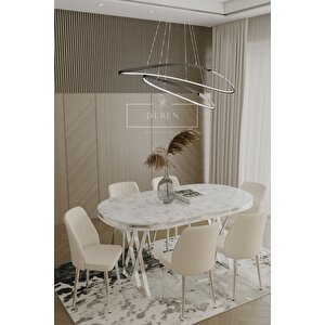Lam Serisi Mdf Lak Masa 83x164 Gümüş Metal Ayak 6 Adet Krem Baby Face Silinebilir Kumaş Sandalye