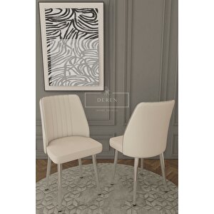 Lam Serisi Mdf Lak Masa 83x164 Gümüş Metal Ayak 6 Adet Krem Baby Face Silinebilir Kumaş Sandalye