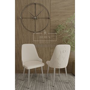 Nil Serisi Lak Panel Mdf Beyaz Renk Masa 83x164 Krom Metal Ayak Masa Takımı 6 Adet Krem Sandalye