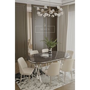 Nex Serisi Mdf Lak Masa 83x164 Gümüş Metal Ayak 6 Adet Krem Baby Face Silinebilir Kumaş Sandalye