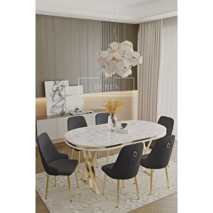 Nil Serisi Lak Panel Mdf Beyaz Mermer Desen Masan 83x164 Gold Ayak Masa Takımı 6 Adet Füme Sandalye