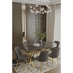 Nex Serisi Mdf Lak Masa 83x164 Gold Metal Ayak 6 Adet Antrasit Baby Face Silinebilir Kumaş Sandalye