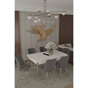 Parla Gümüs Serisi 80x130 Mdf Masa + 6 Adet Silinebilir Kumaş Antrasit Sandalye Metal  Masa Takımı
