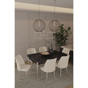 Marla Gümüş Serisi 80x130 Mdf Masa + 6 Adet Silinebilir Kumaş Krem Sandalye Metal Ayak Masa Takımı