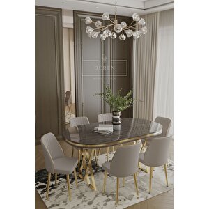 Nex Serisi Mdf Lak Masa 83x164 Gold Metal Ayak 6 Adet Açık Gri Baby Face Silinebilir Kumaş Sandalye