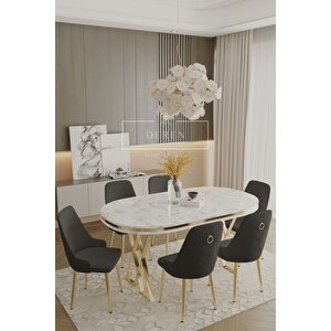 Nil Serisi Lak Panel Mdf Beyaz Mermer Desen Masan 83x164 Gold Ayak Masa Takımı 6 Adet Siyah Sandalye