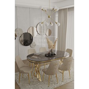 Nef Serisi Lak Panel Mdf Antrasit Renk Masa 83x164 Gold Ayak Masa Takımı 6 Adet Kapiçino Sandalye