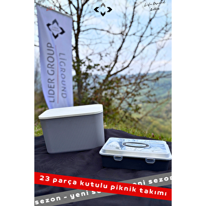 Yeni Sezon Kutulu 23 Parça 4 Kişilik Kutulu Kulplu Kapaklı Kutu Piknik Seti Piknik Kutusu Gri Piknik Sepeti