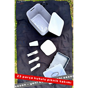 Yeni Sezon Kutulu 23 Parça 4 Kişilik Kutulu Kulplu Kapaklı Kutu Piknik Seti Piknik Kutusu Gri Piknik Sepeti