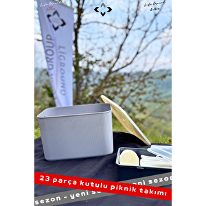 Yeni Sezon Kutulu 23 Parça 4 Kişilik Kutulu Kulplu Kapaklı Kutu Piknik Seti Piknik Kutusu Gri Piknik Sepeti