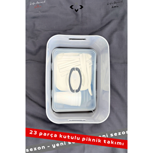 Yeni Sezon Kutulu 23 Parça 4 Kişilik Kutulu Kulplu Kapaklı Kutu Piknik Seti Piknik Kutusu Gri Piknik Sepeti