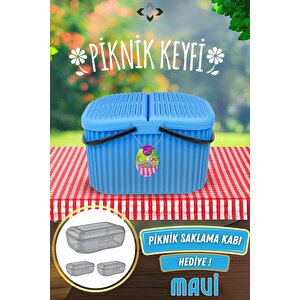 30 Litre Renkli Büyük Kulplu Kapaklı Piknik Sepeti Saklama Kabı Hediyeli Piknik Takımı Çantası