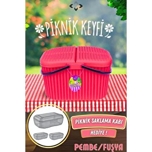 30 Litre Renkli Büyük Kulplu Kapaklı Piknik Sepeti Saklama Kabı Hediyeli Piknik Takımı Çantası