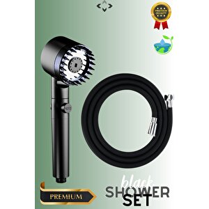 Black Shower Set Basınçlı 3 Kademeli Turbo Duş Başlığı 150 Cm Silikon Duş Hortumu Masajlı Duş Seti