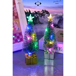 2'li LED Işıklı Mini Çam Ağacı 17,5 cm Renkli Işık Dekoratif Süs Masaüstü Çam Ağacı Yapay Çiçek Ağaç