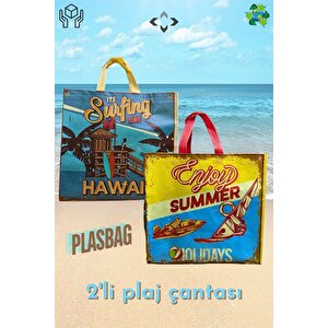 Plasbag İkili Plaj Çantası 2 Adet Çok Amaçlı Plastik Çanta 40x40 Plaj Piknik Çantası