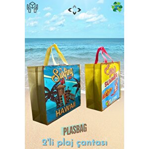 Plasbag İkili Plaj Çantası 2 Adet Çok Amaçlı Plastik Çanta 40x40 Plaj Piknik Çantası