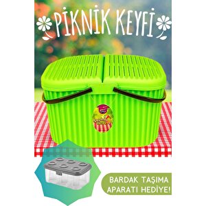 30 Litre Renkli Büyük Kulplu Kapaklı Piknik Sepeti   Çay Bardağı Taşıma Kutusu Hediye!