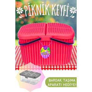 30 Litre Renkli Büyük Kulplu Kapaklı Piknik Sepeti   Çay Bardağı Taşıma Kutusu Hediye!
