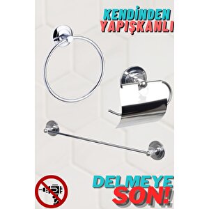 Paslanmaz Krom Kendinden Yapışkanlı Banyo Havluluk Seti   Kırmaya Delmeye Son!