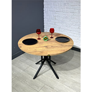 Sedef Çam Yuvarlak Mutfak Masası Yemek Masası Balkon Masası Metal Siyah Ayak 100 Cm